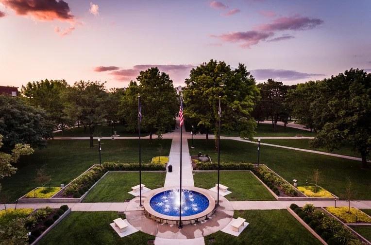 Aerial photo of fountain in front of Emporia State campus