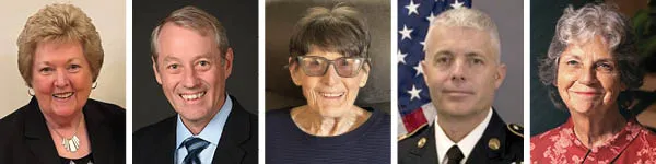 Horizontal row of five portraits