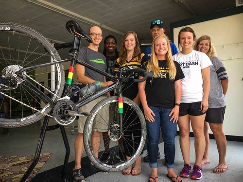 Dirty Kanza scholarship recipients and sponsors are, from left, Lelan Dains, LaRhon Walker, Franziska Willenbuecher, Jim Cummins, Cheyenne Dains, Bridget Wages and Kristi Mohn.