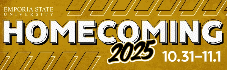Black and gold art graphic with bold type for Homecoming