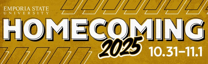 Black and gold art graphic with bold type for Homecoming