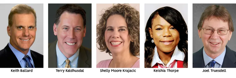 headshots of 3 men and 2 women in a straight line