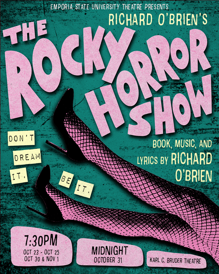 Campy art of leg in fishnet stockings and high heel